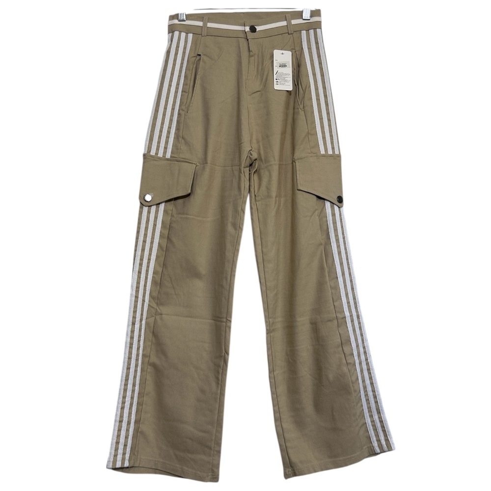 Wide Leg Khaki Faux Pocket Cargo Pants with White Stripes and Pockets